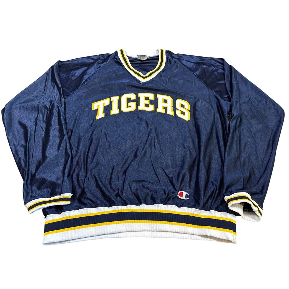 Vtg 80s Champion Tigers Shiny Nylon Navy Yellow pullover L LSU Missouri Blue Era - Picture 5 of 7